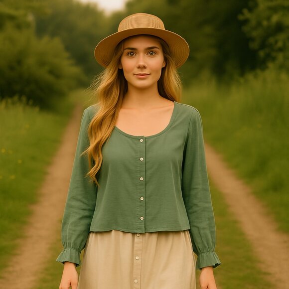 Monk & Lou Plenty by Tracy Reese Green Button-Up Accented Blouse Size Med - Picture 1 of 7